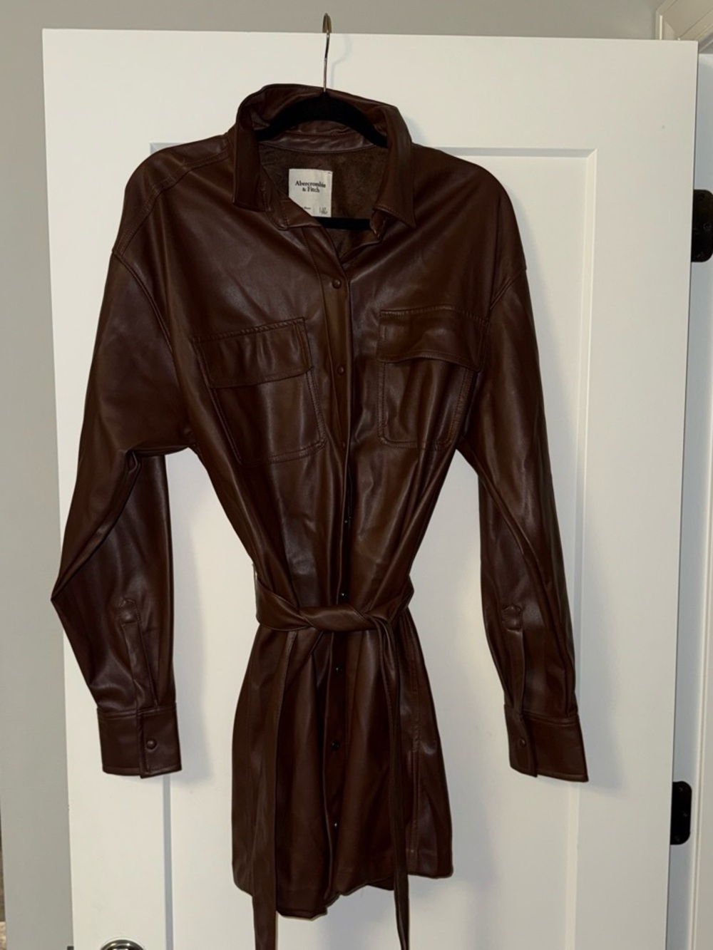 Abercrombie & Fitch Chest-Pocket Faux Leather Shirt Dress in Deep Brown